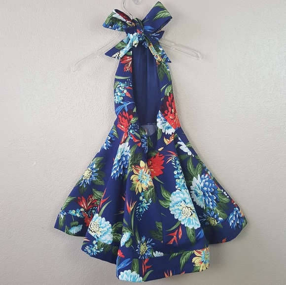 Verty Blue Tropical Floral Halter Dress with Bow S - Picture 2 of 8